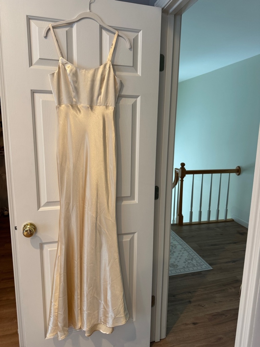 Lulu's Champagne Satin Maxi Slip Dress with Spaghetti Straps